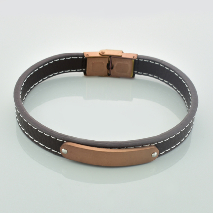 Bransoletka męska brązowa skóra i stal miedziana z blaszką