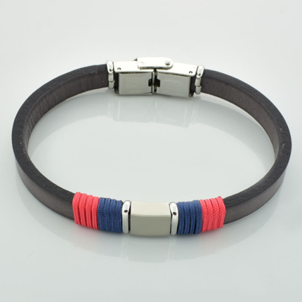 Bransoletka skóra i stal grafitowa - czerwone i niebieskie wstawki