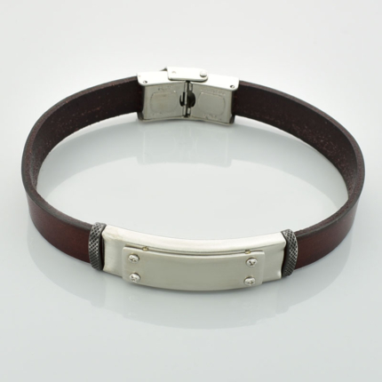 Bransoletka skóra i stal brązowa podwójna blaszka - grawer