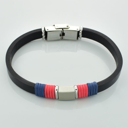Bransoletka skóra i stal czarna - czerwone i niebieskie wstawki