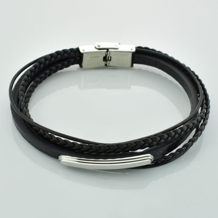 Bransoletka skóra i stal czarna z warkoczami i blaszką