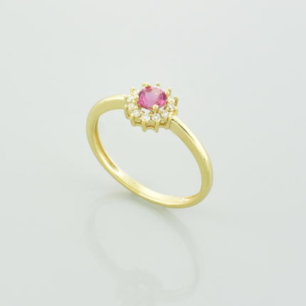 Złoty pierścionek z różowym turmalinem i brylantami